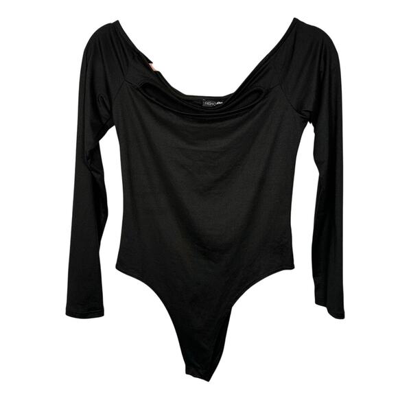 NWT Fashion Nova Black Off The Shoulder Cut Out Bodysuit Women's Medium - Picture 1 of 5